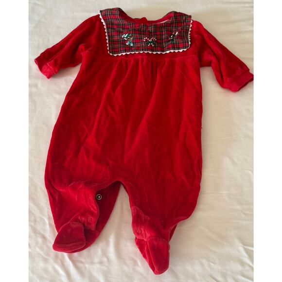 Rudolph 6-9 Month Sleeper Red velour footie with plaid bib collar Christmas Baby - Picture 1 of 1